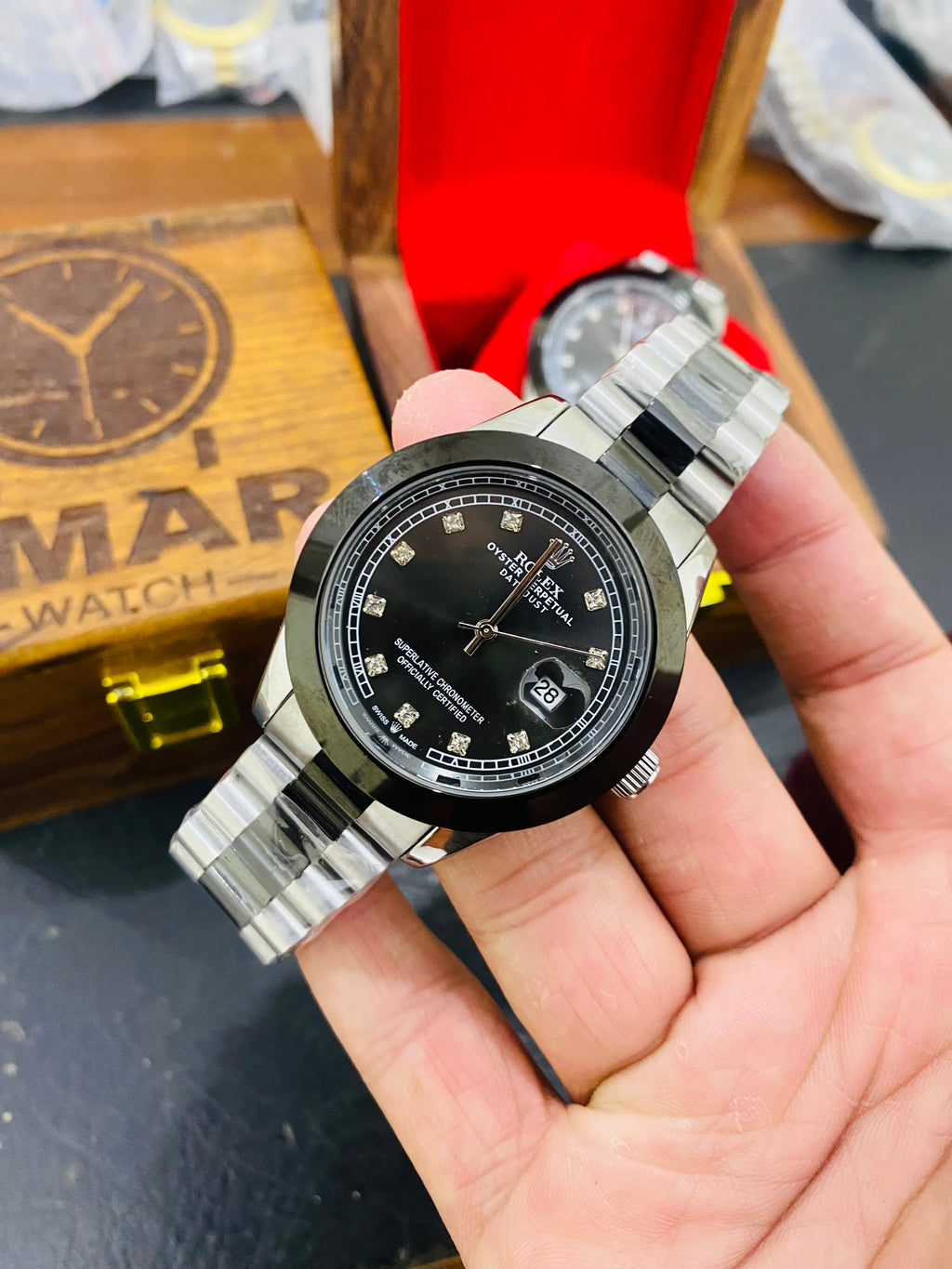 Silver Black Tow Tone Stone Model with Date Function Premium quality